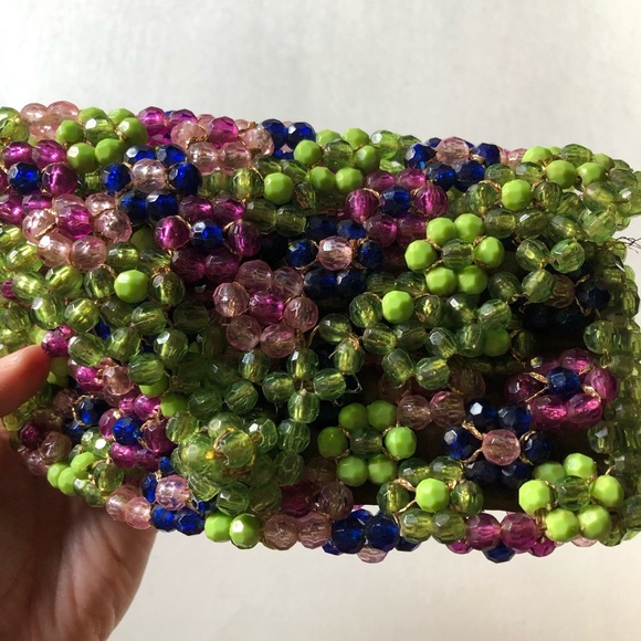 Rare handbeaded Vintage 1970s Saks Fifth ave Italy bead green purple clutch 7” - Picture 7 of 9